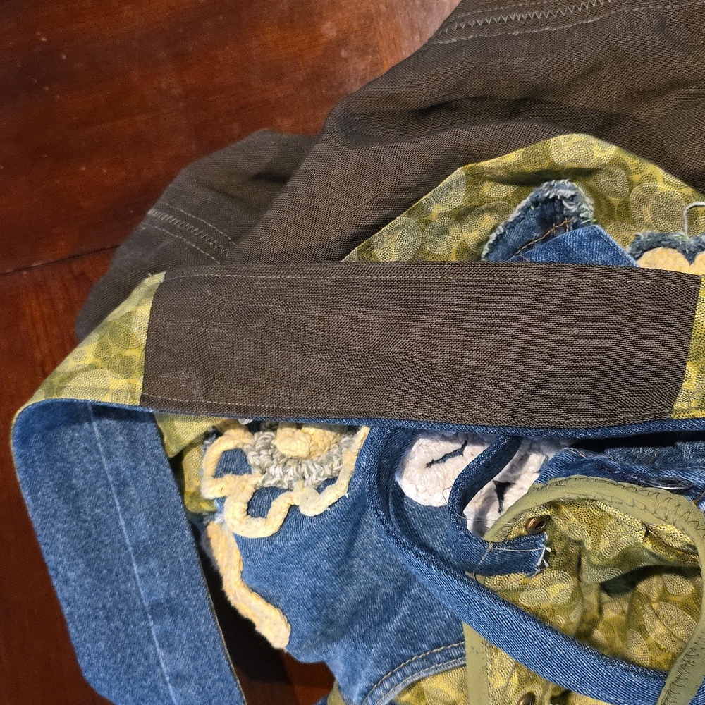 HAND CRAFTED Possible Bag UPCYCLED Blue Denim Jean Crochet Floral 29 X17 Inch - Picture 15 of 15